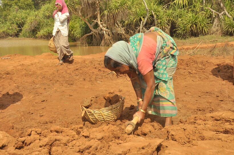 Person digging soil with a hand tool beside a basket in a rural field near a pond, with another person walking in the background