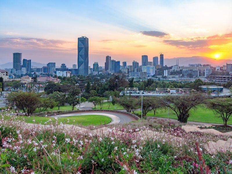 Sunset view of Addis Ababa with a serene blend of lush greenery, flowering gardens, and a striking modern skyline.