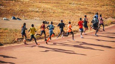 Kenyan marathon runners train at the athletics track in the town of Eldoret near Iten, the center of world endurance running. 