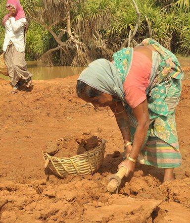 Person digging soil with a hand tool beside a basket in a rural field near a pond, with another person walking in the background