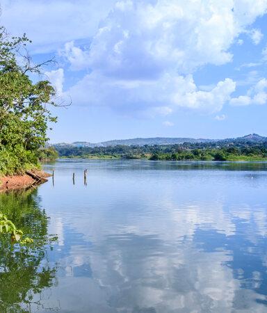Sunset view of the Victoria Nile river, with trees growing and the reflections on the water, Jinja, Uganda, Africa