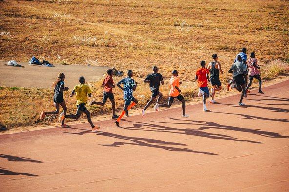 Kenyan marathon runners train at the athletics track in the town of Eldoret near Iten, the center of world endurance running. 