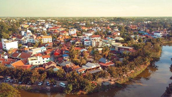 Drone shot of city of Siem Raep Cambodia