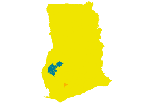 Map of Ghana where Riva Ghana is active with partner areas in blue and scaling areas in orange