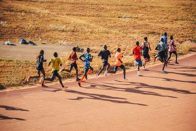 Kenyan marathon runners train at the athletics track in the town of Eldoret near Iten, the center of world endurance running. 