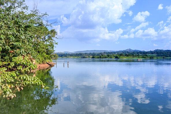 Sunset view of the Victoria Nile river, with trees growing and the reflections on the water, Jinja, Uganda, Africa