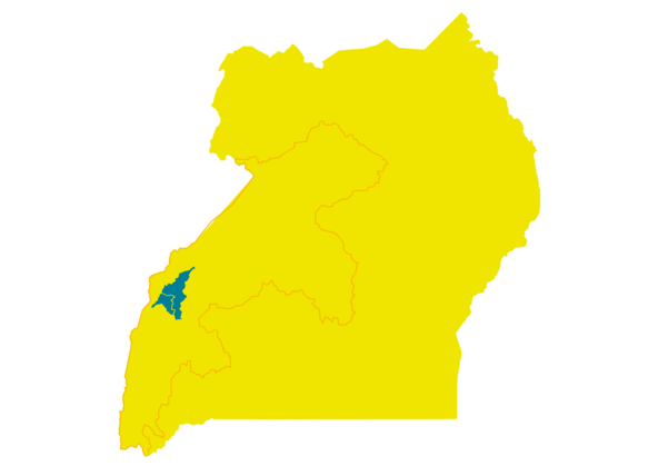 Map of Uganda where Riva Uganda is active with partner areas in blue and scaling area in orange